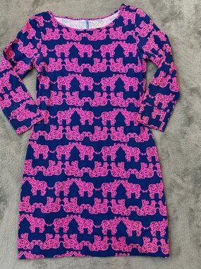 Lilly Pulitzer Marlow Dress Navy Pink Elephant Print SMALL Cotton